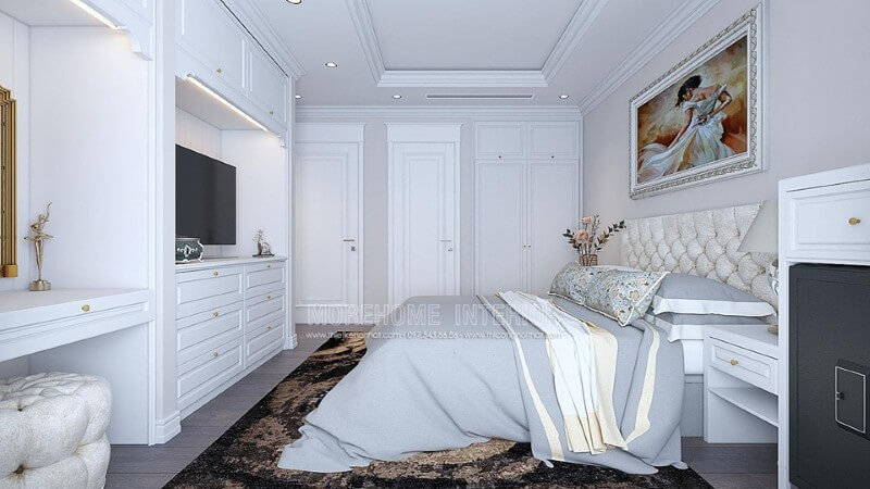 Hệ thống tủ quần áo và kệ tủ đều làm bằng gỗ sồi phun sơn trắng với những chi tiết góc cạnh tân cổ điển Mẫu nội thất chung cư