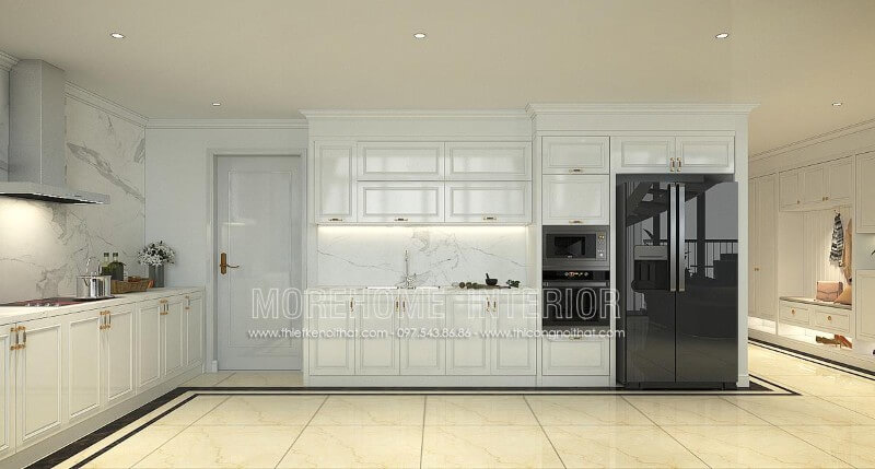 Tủ bếp gỗ tự nhiên với gam màu trắng chủ đạo mang lại sự thanh thoát và tinh tế hơn cho không gian nội trợ Thiết kế và sản xuất tủ bếp đẹp