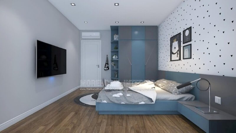 Tủ quần áo hiện đại liền kệ để đồ sẽ là gợi ý ấn tượng để phòng bé luôn được gọn gàng ngăn nắp. Mẫu nội thất chung cư đẹp