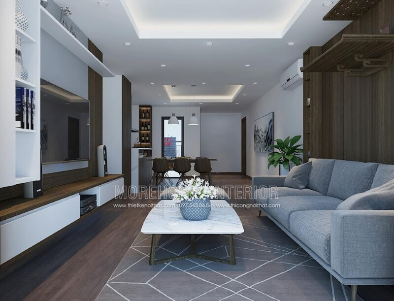 Thiết kế nội thất phòng khách chung cư với đồ nội thất gỗ công nghiệp hiện đại Mẫu nội thất chung cư đẹp