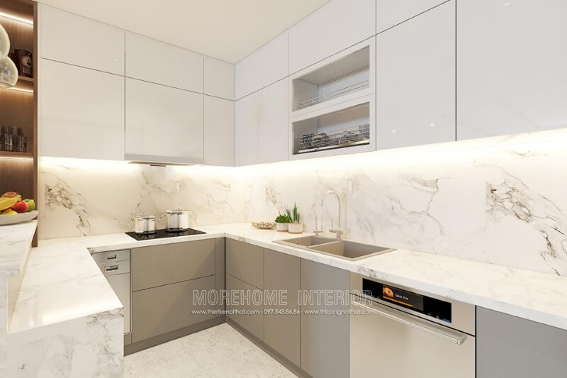 Hệ thống tủ bếp màu trắng, phân tách nhiều ngăn lớn nhỏ đáp ứng nhu cầu sắp xếp đồ nội thất Tủ bếp hiện đại