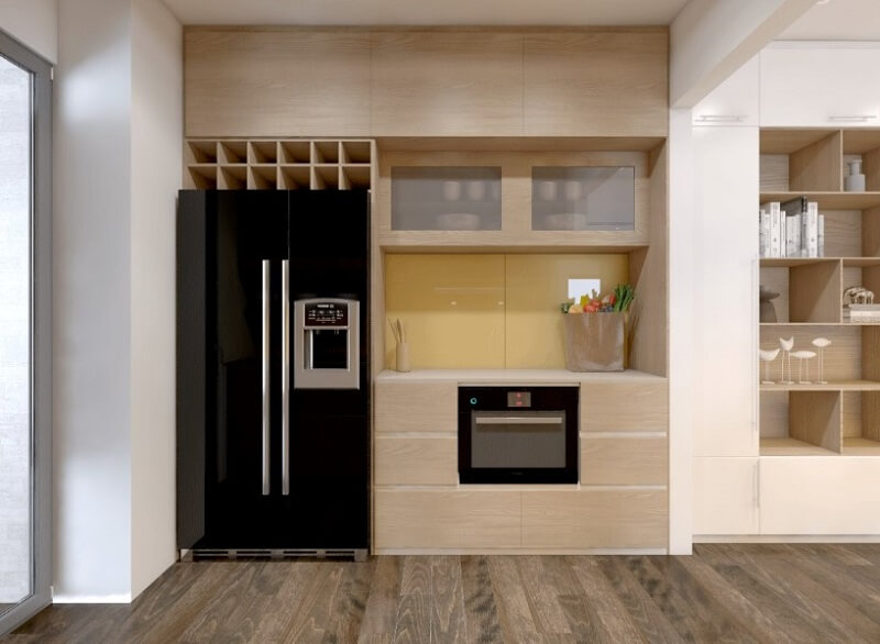 Thiết kế hệ tủ bếp gỗ công nghiệp tích hợp đa chức năng kết hợp tủ lạnh và lò vi sóng mang đến một không gian bếp lí tưởng Tủ bếp hiện đại