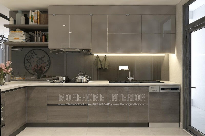Nhằm tăng tính sang trọng cũng như độ bền,nhiều gia chủ lựa chọn sử dụng tủ bếp hiện đại kết hợp tủ Acrylic ở trên và tủ Laminate ở dưới Tủ bếp hiện đại