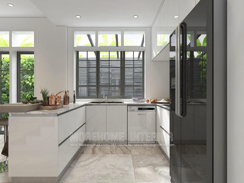 Mẫu tủ bếp gỗ chữ U hiện đại, bề mặt bếp ốp đá vân mây mang lại sự sạch sẽ cho cả không gian Tủ bếp hiện đại