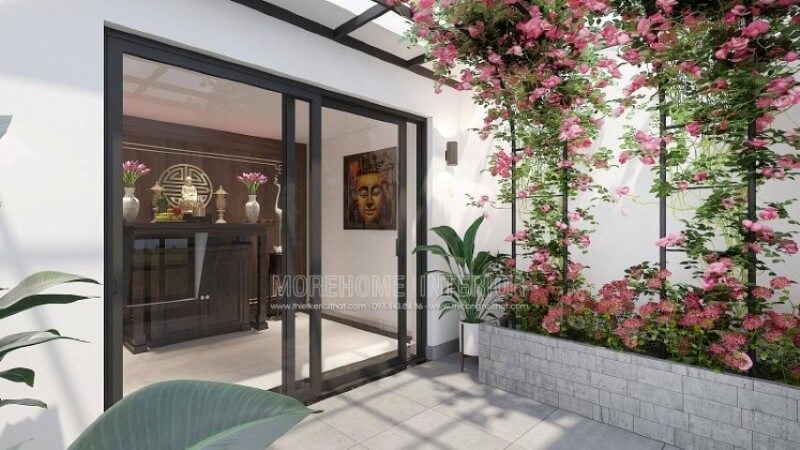 Morehome xin giới thiệu ý tưởng thiết kế phòng thờ thờ Phật Quan Âm trên đây với tủ thờ làm từ gỗ óc chó cao cấp kết hợp cùng tấm gỗ ốp tường với trọng tâm chữ Thọ tạo điểm tinh tế có phía trước hướng ra vườn hoa tuyệt đẹp sẽ là mẫu phòng thờ lý tưởng cho không gian nhà phố, biệt thự. Thiết kế nội thất biệt thự