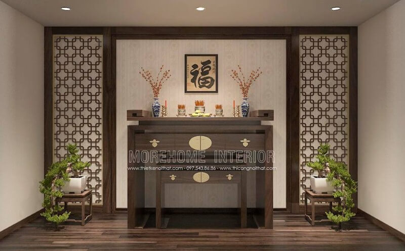 Tranh treo chữ Phúc đẹp trong bàn thờ gia tiên. Thiết kế nội thất biệt thự