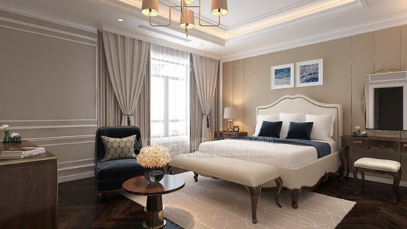 Trang trí nội thất phòng ngủ tân cổ điển đẹp, sang trọng nổi bật với sắc trắng điểm nhấn từ bộ đôn, giường bọc nệm gỗ óc chó tự nhiên. Mẫu thiết kế và thi công nội thất biệt thự
