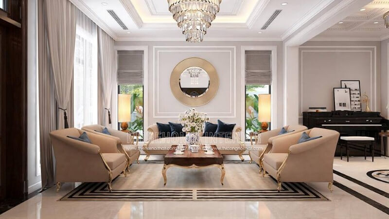 Bộ bàn ghế sofa chân gỗ mạ vàng đẹp, sang trọng cho không gian phòng khách biệt thự, nhà phố. Thiết kế nội thất phòng khách nhà phố