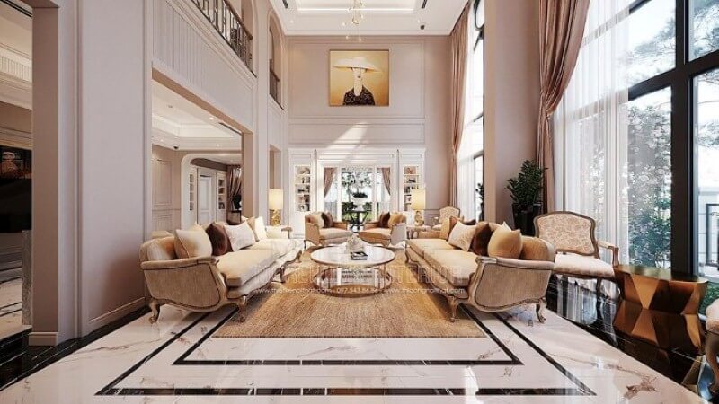 Sắp xếp nội thất phòng khách thông tầng biệt thự tân cổ điển cao cấp tại Vinhomes Imperia Hải Phòng. Thiết kế nội thất phòng khách nhà phố