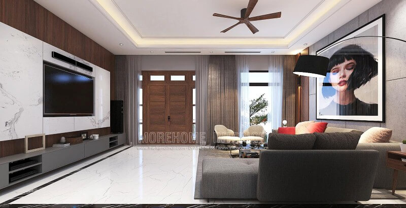 Bố trí nội thất phòng khách hiện đại đẹp, sang trọng từ đá ốp tường vân mây, tranh treo tường nghệ thuật cùng sofa hiện đại cao cấp. Thiết kế nội thất phòng khách nhà phố