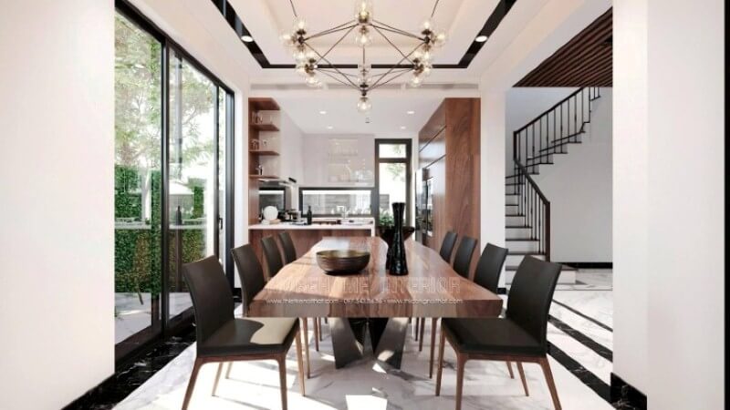 Thiết kế nội thất phòng ăn ấn tượng ấn tượng với tone màu tương phản cao mang lại nét sang trọng độc đáo Thiết kế nội thất biệt thự