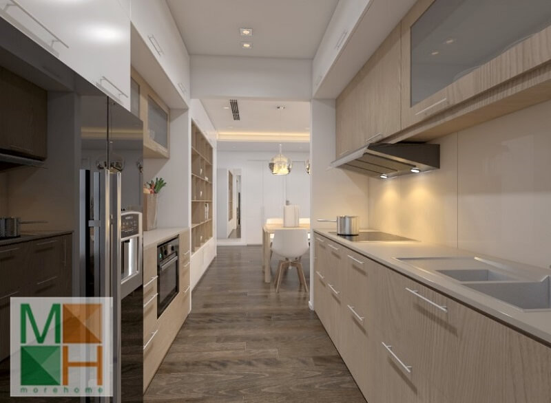 Mẫu thiết kế hệ tủ bếp gỗ tiện nghi sử dụng gỗ công nghiệp An Cường cao cấp màu sáng mang đến vẻ đẹp cho phòng bếp Thiết kế tủ bếp chung cư đẹp
