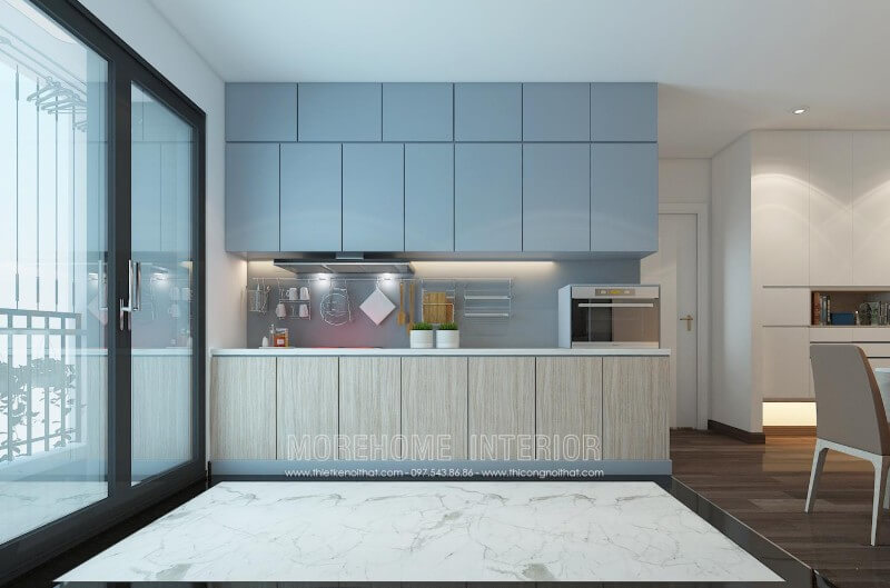 Tủ bếp hiện đại được bố trí hợp lí, các ngăn tủ được phân chia khoa học, bạn có thể dễ dàng phân loại và lưu trữ đồ dùng phòng bếp chung cư tiện nghi hơn Thiết kế tủ bếp chung cư đẹp