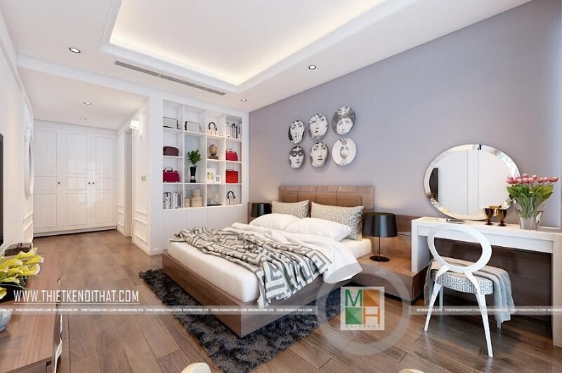 Mẫu giường ngủ chung cư cao cấp bọc da đầu giường màu nâu mang đến cảm giác sang trọng cho căn phòng ngủ của gia chủ Mẫu thiết kế nội thất chung cư đẹp