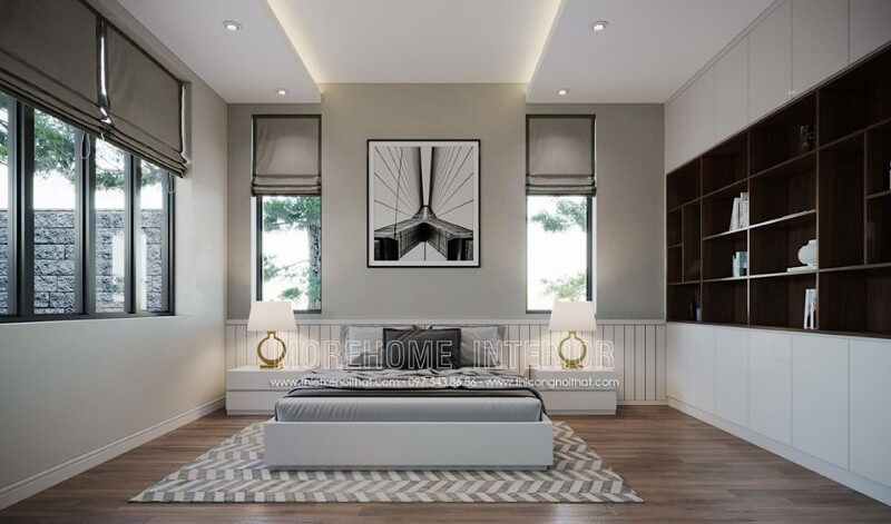 Trang trí nội thất phòng ngủ đẹp ấn tượng với sắc trắng tinh tế. Thiết kế phòng ngủ nhà phố