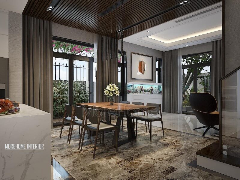 Trang trí phòng ăn hiện đại, sang trọng với sự phá cách trong vật liệu trang trí từ đá lát sàn, gỗ ốp tường hay bàn gỗ óc chó nguyên tấm. Thiết kế phòng ăn biệt thự