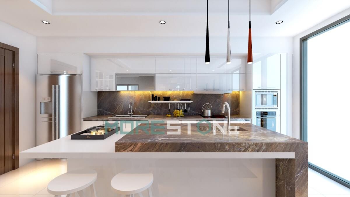 Xu hướng mới gia chủ sử dụng đồng bộ mặt bếp và tường bếp bằng ốp đá để tăng tính thẩm mỹ, hợp vệ sinh trong thi công bếp Thiết kế nhà bếp tiện nghi sang trọng