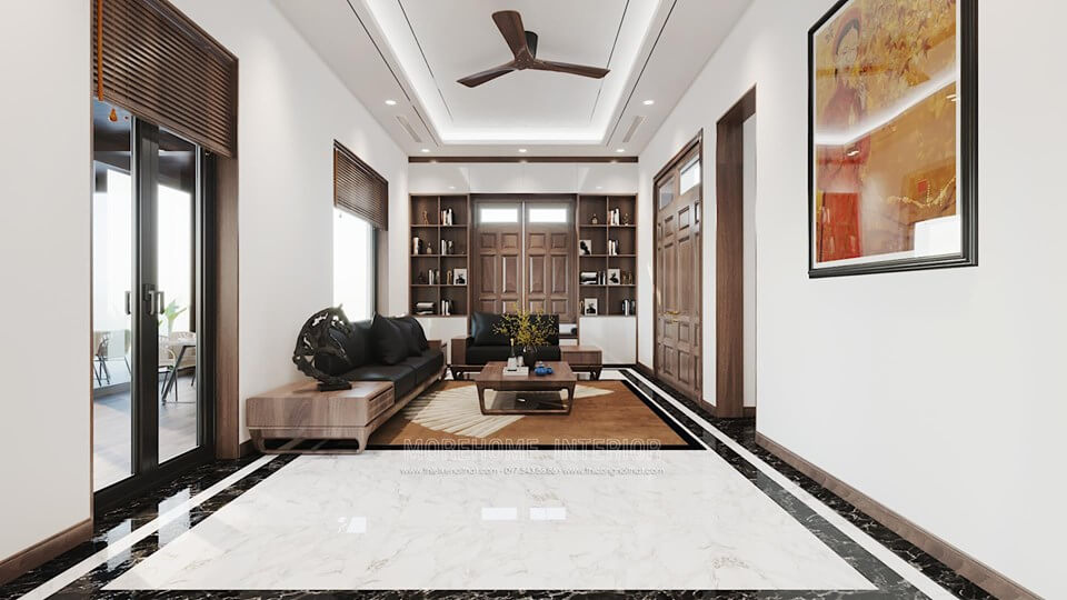 Thiết kế nội thất gỗ óc chó cho phòng khách nhà phố, không gian tiếp khách sang trọng, hiện đại Thiết kế nội thất phòng khách nhà phố
