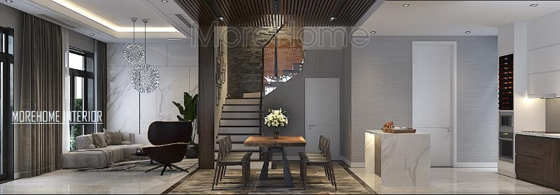 Phối cảnh thiết kế hiện đại đẹp cho biệt thự nhà phố với ý tưởng thiết kế phòng khách liền bếp ăn. Thiết kế nội thất phòng khách nhà phố