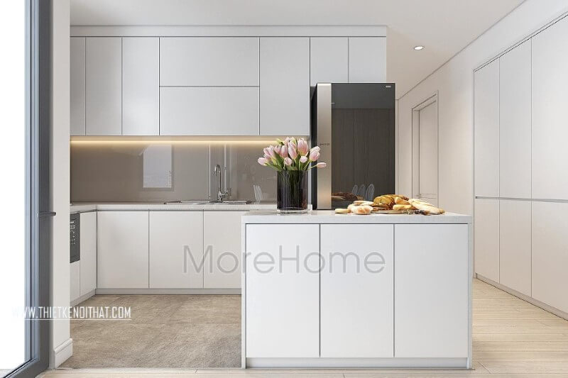Thiết kế nội thất bếp chung cư, căn hộ hiện đại được quây gọn gàng thành một khu riêng biệt vẫn đảm bảo tính đồng nhất cho cả không gian Thiết kế phòng bếp, tủ bếp đẹp