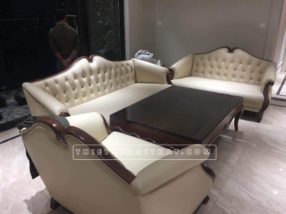 Bộ bàn ghế sofa tân cổ điển gỗ óc chó cho phòng khách chung cư D sofa tân cổ điển