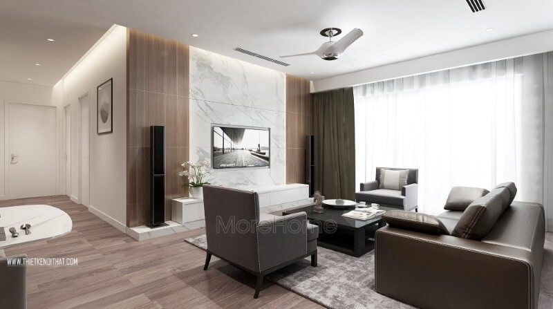 Đá ốp tường nhân tạo màu trắng vân mây cũng là chất liệu được gia chủ lựa chọn trong mẫu thiết kế chung cư cao cấp này