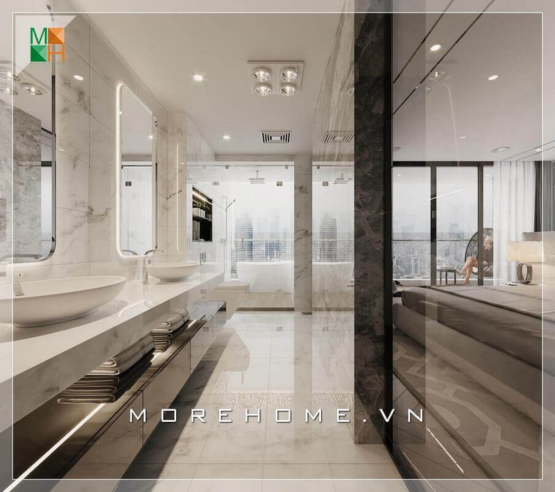 Ấn tượng với đá ốp tường và chậu lavabo vân mây tăng vẻ sang trọng và tiện nghi cho căn phòng tắm trở nên đẳng cấp hơn bao giờ hết.