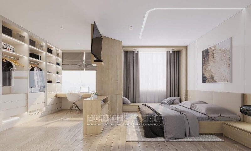 Thiết kế nội thất phòng ngủ chung cư với tone màu nâu gỗ ấm áp hiện đại