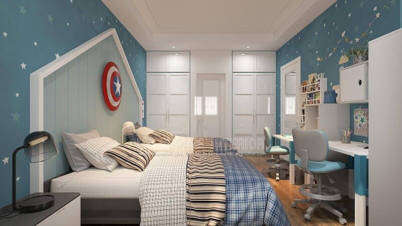 Nếu bạn đang băn khoăn thiết kế phòng vệ sinh khép kín liền mạch với phòng ngủ của 2 cậu con trai thì ý tưởng sử dụng phòng tắm đi từ cửa giữa 2 tủ quần áo âm tường là một cách sắp xếp khá độc đáo vừa tinh gọn vừa đẹp.