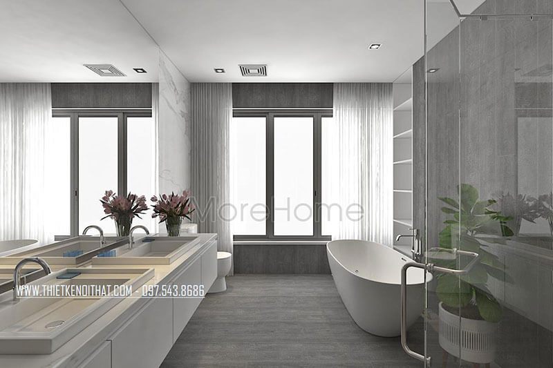 Thiết kế phòng tắm phòng master hiện đại với vách tắm kính 135 độ trong suốt kết hợp bồn tắm tạo sự sang trọng co căn phòng