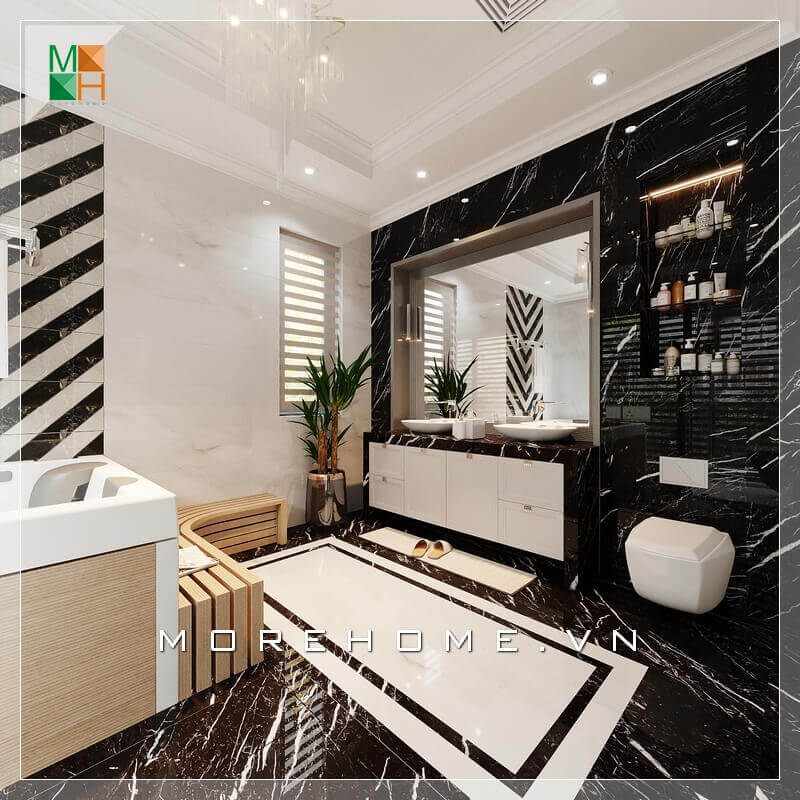 Sử dụng gạch lát nền màu đen và gạch ốp tường vân đá, sự kết hợp hài hòa giữa hai màu khiến căn phòng tắm trở nên sáng và rất sang trọng.