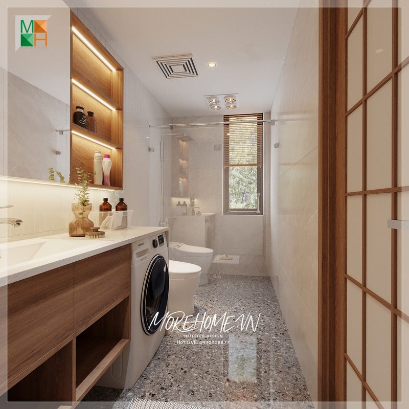 Thiết kế phòng tắm diện tích nhỏ với phong cách hiện đại nội thất sắp xếp phù hợp với sử dụng và diện tích của không gian mang tới sự tiện nghi nhất.