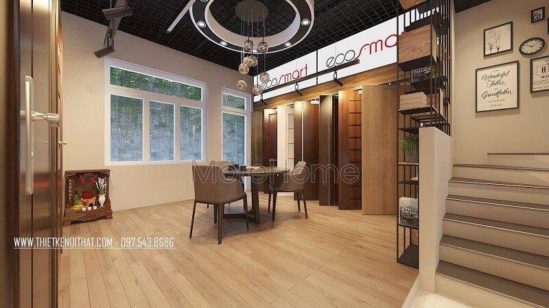 Trang trí nội thất showroom sử dụng đồ nội thất hiện đại kết hợp tranh treo tường độc đáo mang đến không gian trưng bày lí tưởng