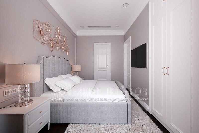 Thiết kế giường ngủ vợ chồng gỗ tần bì bọc vải màu xám cho phòng ngủ nhà phố
