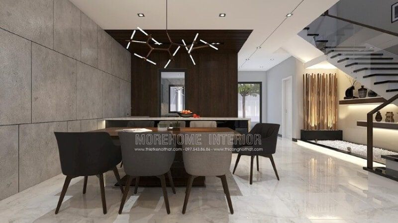 Thiết kế phòng ăn hiện đại độc đáo dành cho không gian rộng như nhà phố, biệt thự với ý tưởng bố trí mở phòng ăn liền kề phòng khách, phòng bếp.