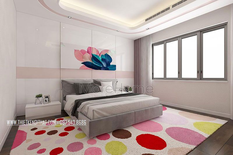 Đầu giường được ốp gỗ cho bức tường tường giảm bớt cảm giác thô cứng kết hợp tranh cho căn phòng nhẹ nhàng hơn