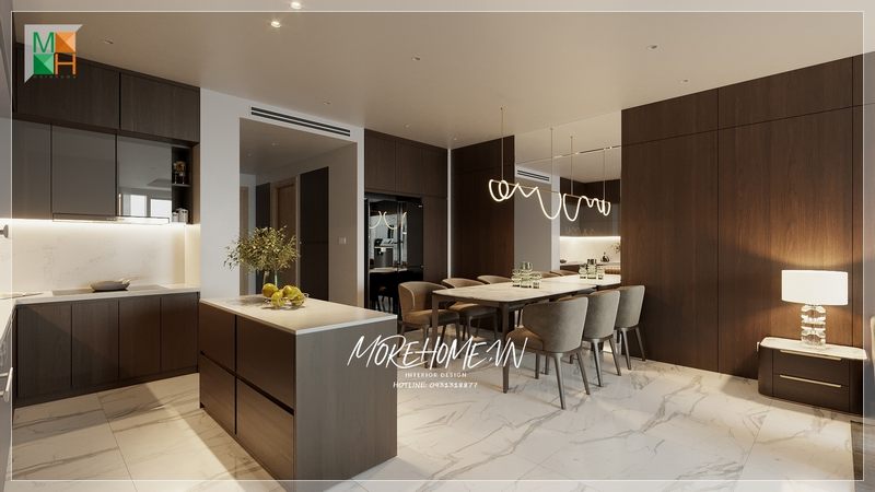Đảo bếp gỗ tự nhiên mặt đá trắng hiện đại trang trí tô điểm cho không gian bếp cũng như hỗ trợ tốt cho quá trình sử dụng của người nội trợ