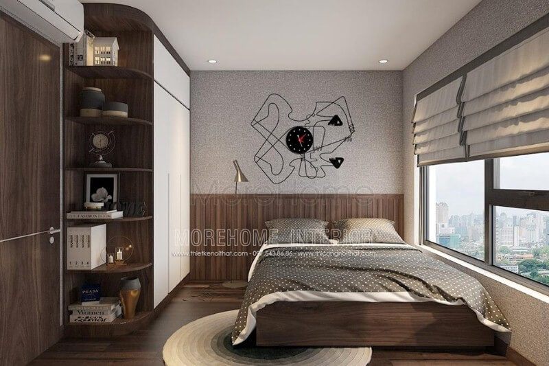 Gỗ ốp tường vân gỗ óc chó tạo điểm nhấn độc đáo cho phòng ngủ hiện đại.