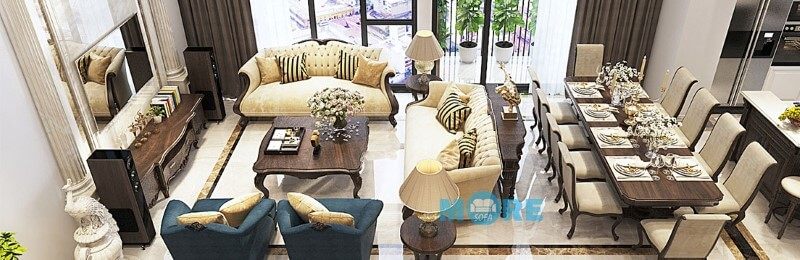 Hoàn thiện, bàn giao bộ sofa Tân cổ điển MS-007 gỗ tự nhiên Óc chó, bọc nỉ cao cấp nhập khẩu tại chung cư Vinhomes Gardenia tinh tế
