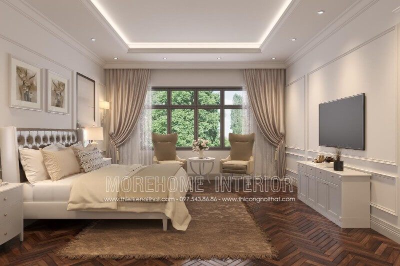 Giường ngủ hiện đại với sự phá cách mạnh mẽ, phần chân giường được thiết kế thanh mảnh, tạo nên sự thoáng đãng nhưng không kém phần chắc chắn cho không gian nghỉ ngơi của gia chủ