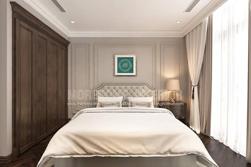 Không có họa tiết cầu kì, nhưng với cách kết hợp giữa 2 tone màu đối lập: màu nâu gỗ đậm với màu trắng sang trọng đã làm cho căn phòng ngủ không còn đơn điệu chút nào