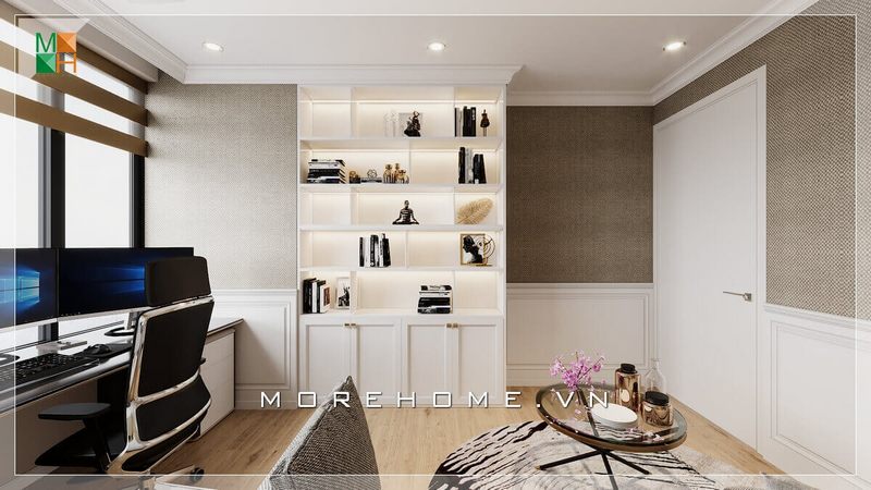 Mẫu tủ kệ trang trí màu trắng sang trọng tăng sự tiện nghi cho căn phòng làm việc.