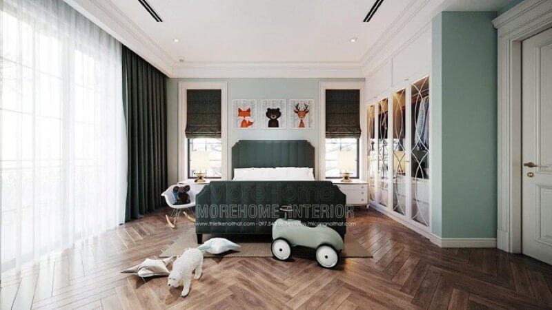 Giường ngủ bọc nệm màu xanh đẹp độc đáo cho phòng con