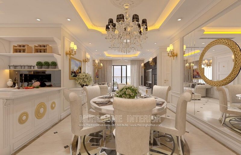 Mẫu bàn ăntân cổ điển với thiết kế ấn tượng mặt bàn kính hình tròn kết hợp mẫu ghế ăn bọc da màu be cao cấp tạo điểm nhấn nổi bật cho căn phòng