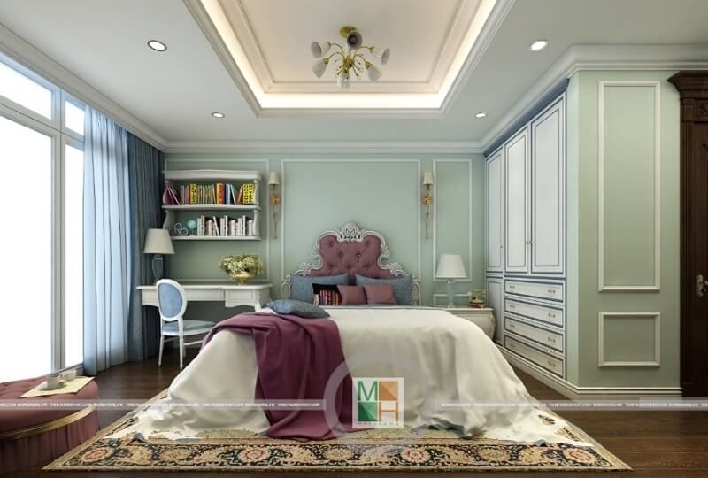 Thiết kế phòng ngủ chung cư đẹp theo phong cách tân cổ điển với đồ nội thất gỗ tự nhiên cao cấp mang đến vẻ đẹp sang trọng và đẳng cấp cho căn phòng