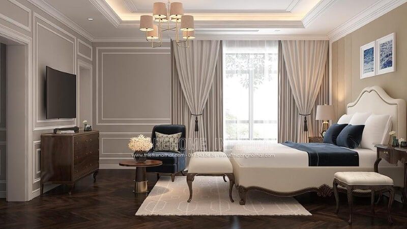 Trang trí nội thất phòng ngủ master gỗ óc chó mang phong cách tân cổ điển sang trọng, độc đáo.