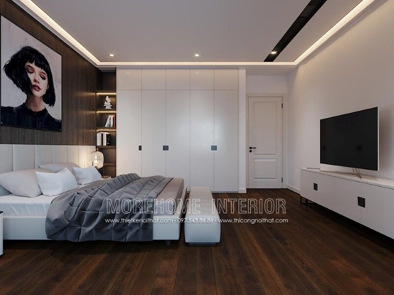 Bố trí nội thất phòng ngủ ấn tượng với tủ quần áo gỗ công nghiệp kết hợp kệ trang trí sát giường ngủ.
