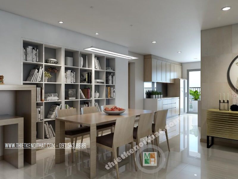 Thiết kế phòng ăn chung cư tiện nghi với bộ bàn ăn gỗ công nghiệp đơn giản tinh tế kết hợp với kệ sách gỗ liền kề.