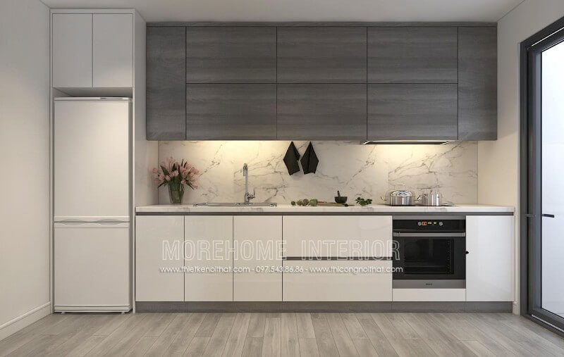 Mẫu thiết kế tủ bếp cho căn hộ chung cư kiểu dáng chữ i nhỏ gọn kết hợp chất liệu công nghiệp chủ đạo tạo không gian thoáng đãng hơn