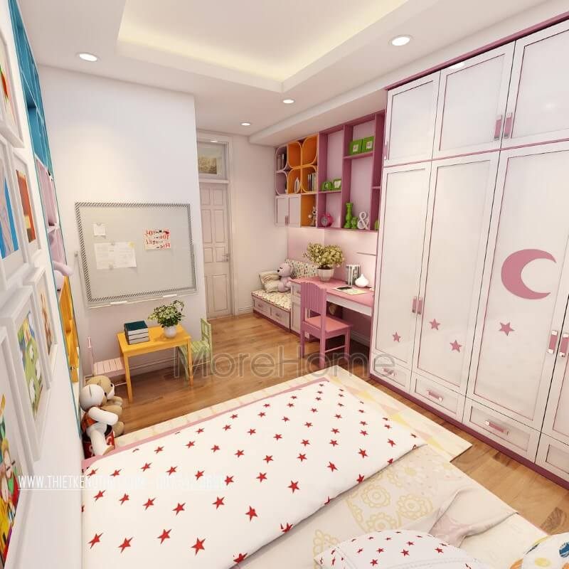 Tủ quần áo được thiết kế với nhiều ngăn đa năng, chất liệu gỗ công nghiệp tông màu trắng cho phòng ngủ của bé